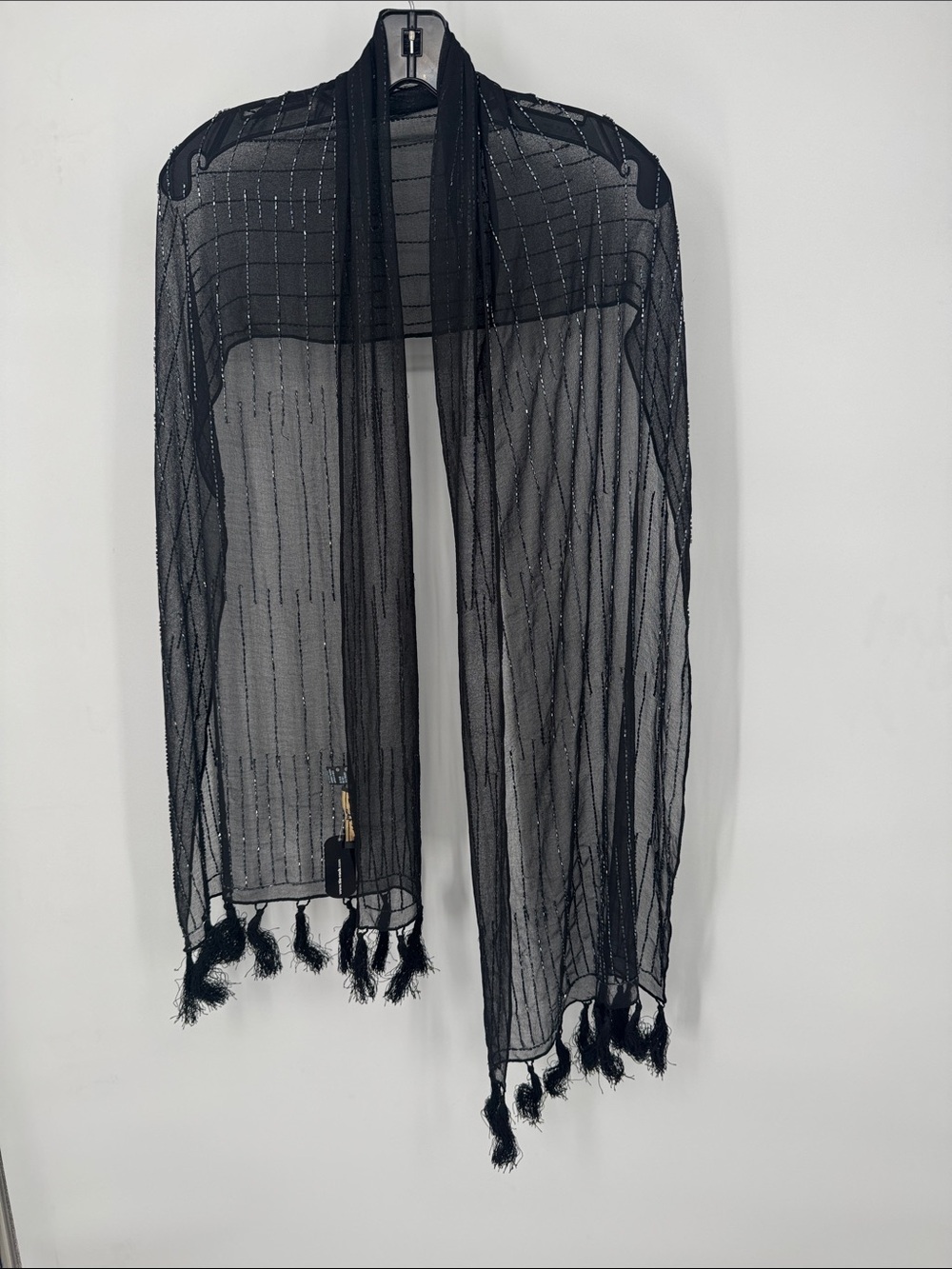 Shimmer‎ Sheer Black Beaded Tassel Scarf Summer Stole FRANGI NWT